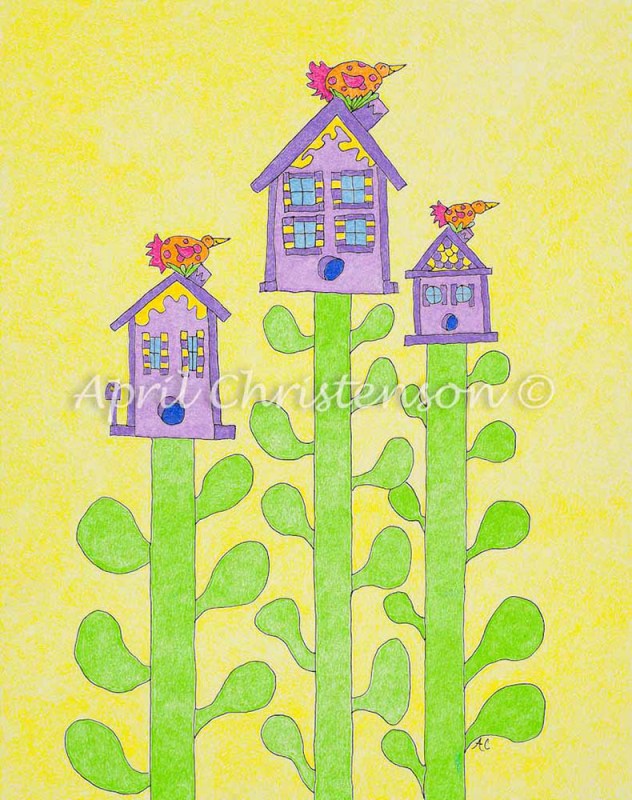 A colored pencil illustration by April Christenson of three birds on top of their new nests