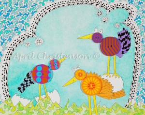 Colored pencil birds with button bodies by April Christenson