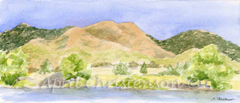 Watercolor painting by April Christenson of the foothills lakeside