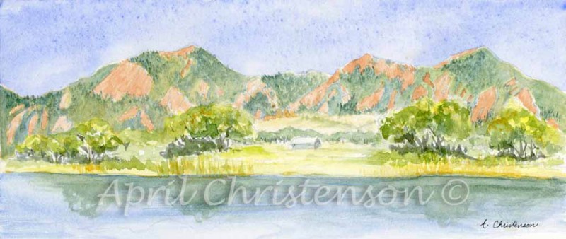 Watercolor of the Boulder, CO Flatirons from Viele Lake by April Christenson