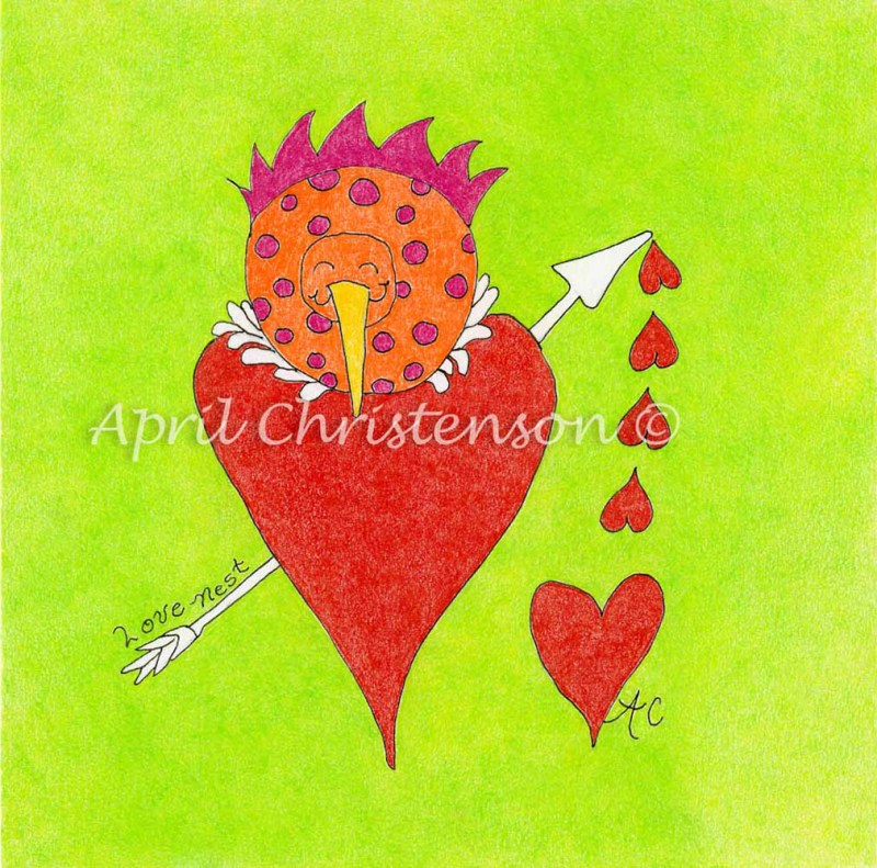 A bird nesting in a heart by artist April Christenson