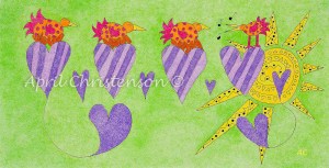 Birds drawn in colored pencil by April Christenson greeting the morning with a song.