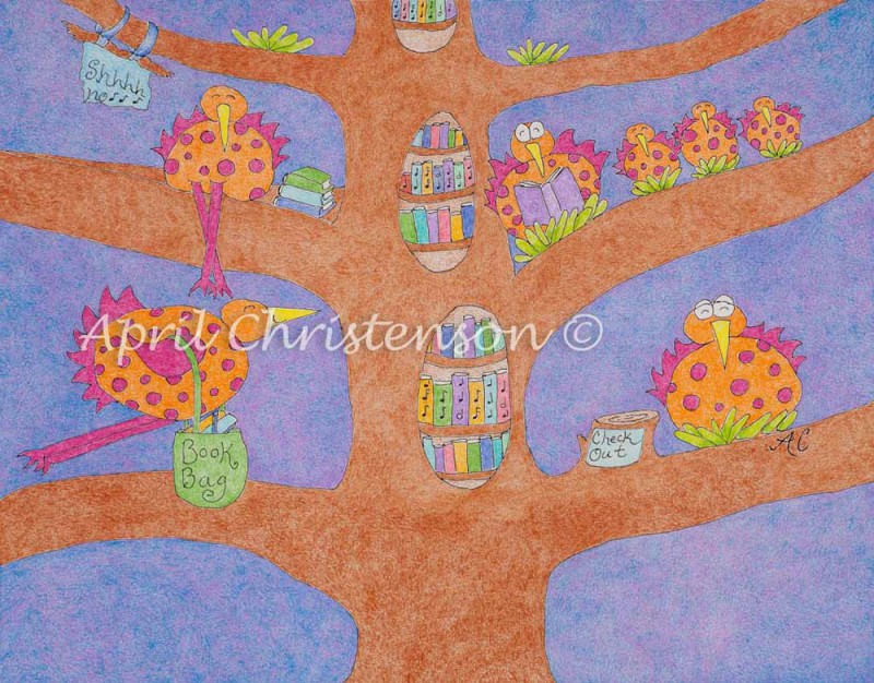 A colored pencil illustration by April Christenson of birds at their library